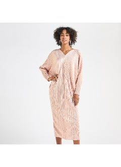 FAV All-Over Pleated V-neck Dress with Extendable Sleeves  - Image 4