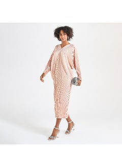 FAV All-Over Pleated V-neck Dress with Extendable Sleeves  - Image 1