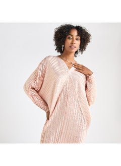 FAV All-Over Pleated V-neck Dress with Extendable Sleeves  - Image 2