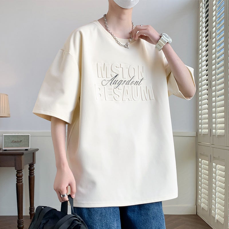 Steel-Printed Letter Printing Trendy Short-Sleeved T-Shirt Men'S Instagram Style Summer Shoulder Thin Breathable Retro Loose Casual Top - Image 1