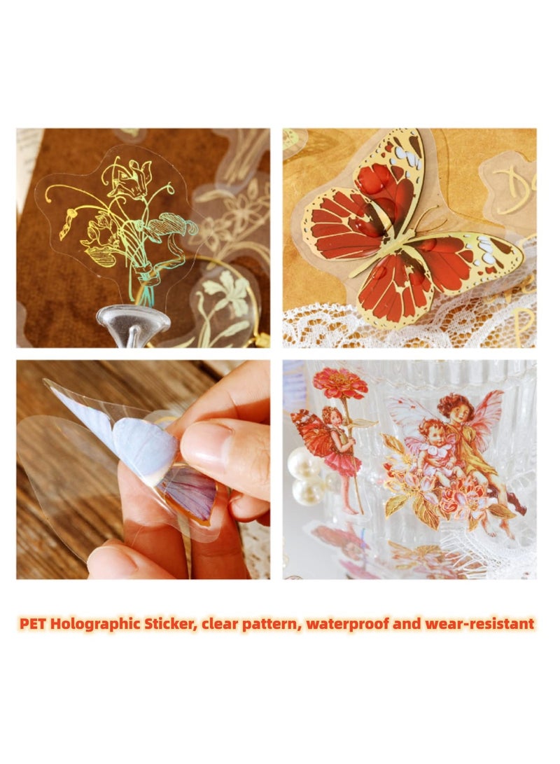 Bronzing Holographic Sticker Set, Gold Foil Transparent Color Waterproof Vintage Sticker, Fairy Butterfly Flower Pattern for Scrapbook Diary Laptop Water Bottle Decoration 4 Themes, 120 Sheets - Image 2