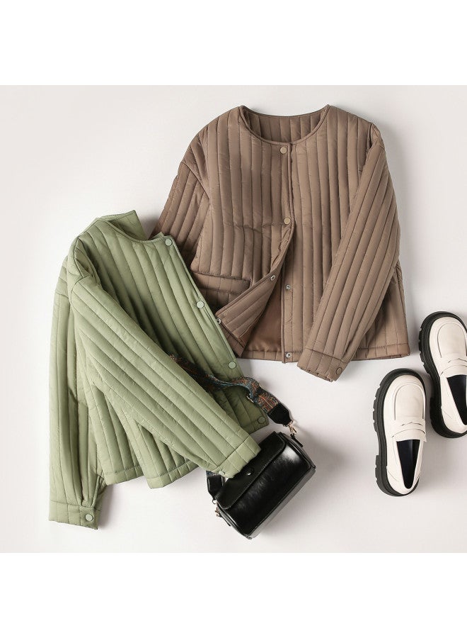 XINYANG Women's Winter Lightweight Short Padded Jacket With Round Neck, Loose Fit Vertical Striped Warm Coat - Image 5