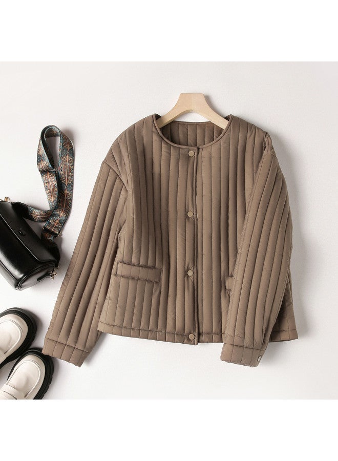 XINYANG Women's Winter Lightweight Short Padded Jacket With Round Neck, Loose Fit Vertical Striped Warm Coat - Image 2