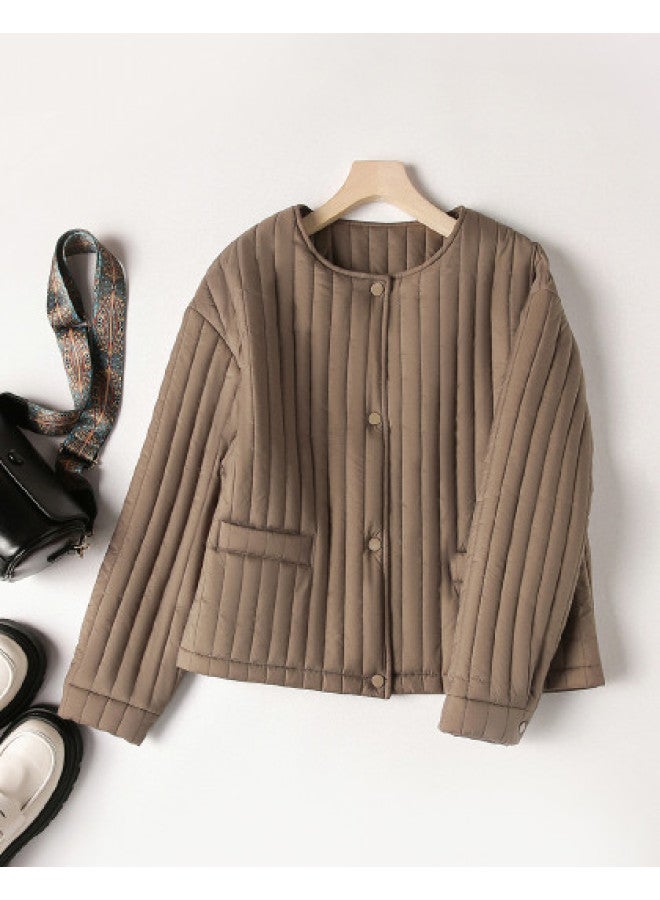 XINYANG Women's Winter Lightweight Short Padded Jacket With Round Neck, Loose Fit Vertical Striped Warm Coat - Image 1