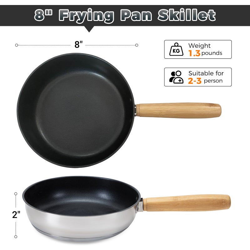 KingCamp 8" Frying Pan Skillet 304 Stainless Steel Nonstick Cookware, Detachable Bamboo Handle with Tote Bag - Use On Open Flame, Charcoal, Wood, Stove or Induction Cooker - Image 2