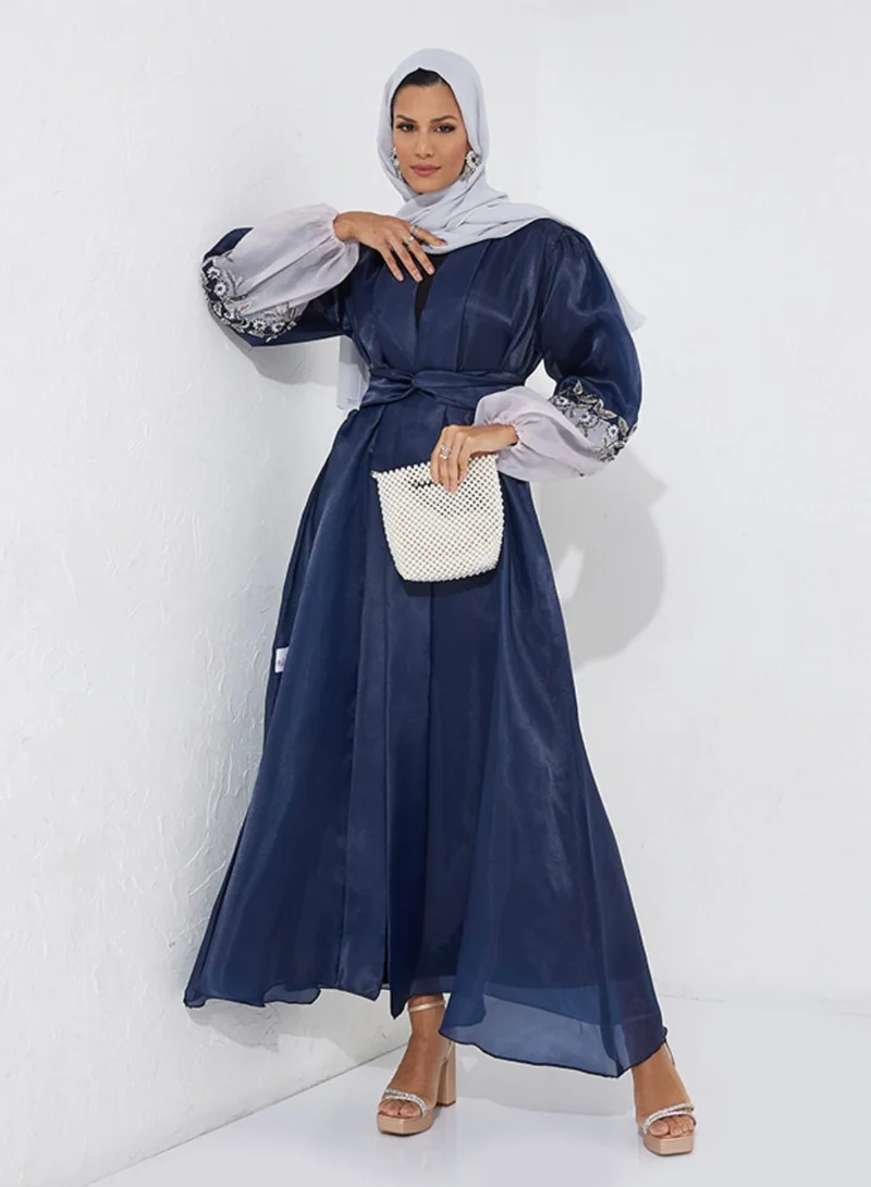 Rosette Abaya Navy Organza Stones