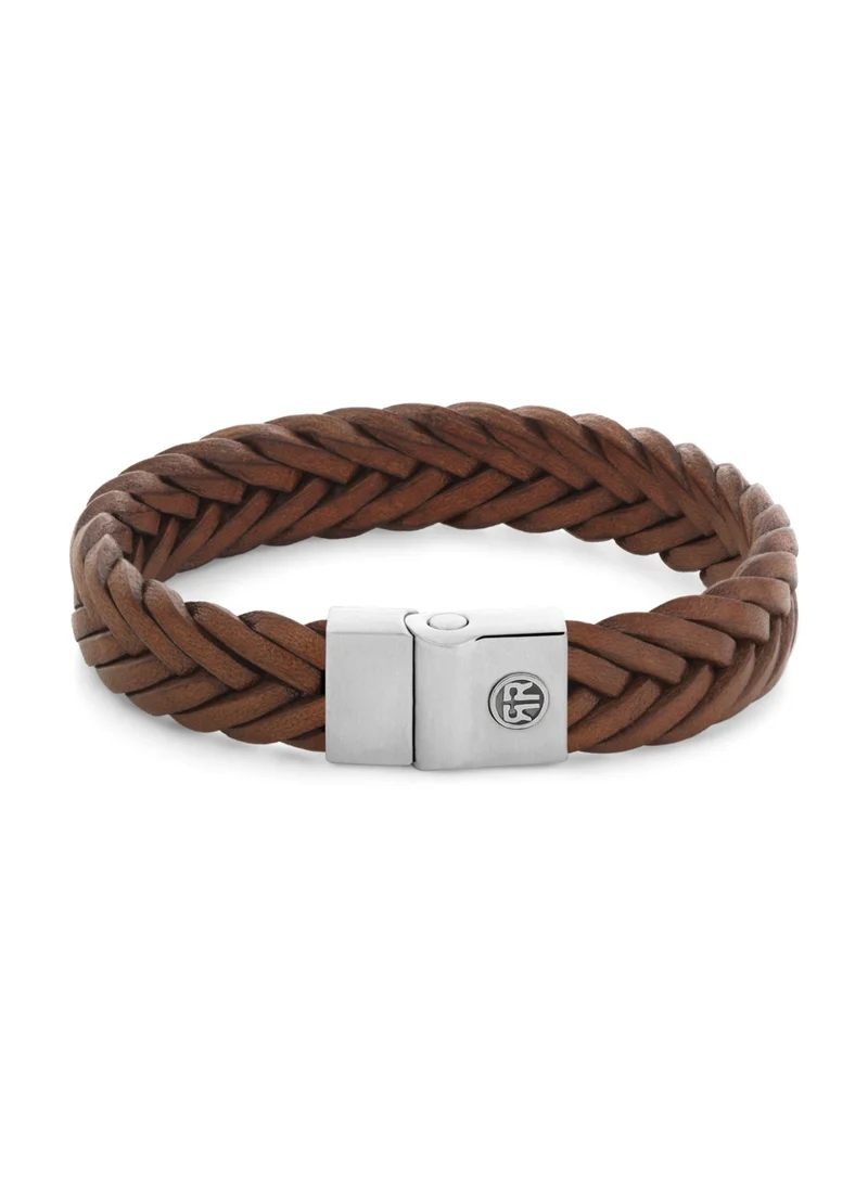 Rebel & Rose Men's Full Metal Premium Braided Leather Bracelet, 12 mm, Cognac