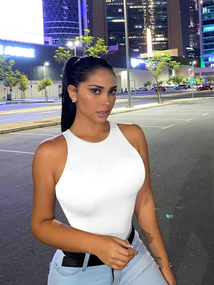 LCNBA Women's Sexy High Neck Sleeveless Bodysuit Basic Top Bodysuit Jumpsuit White L - Image 4
