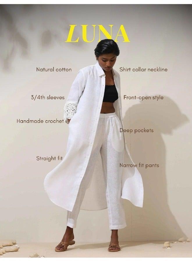 trueBrowns Luna White Crochet Natural Cotton Kurta Pant Set - Image 4