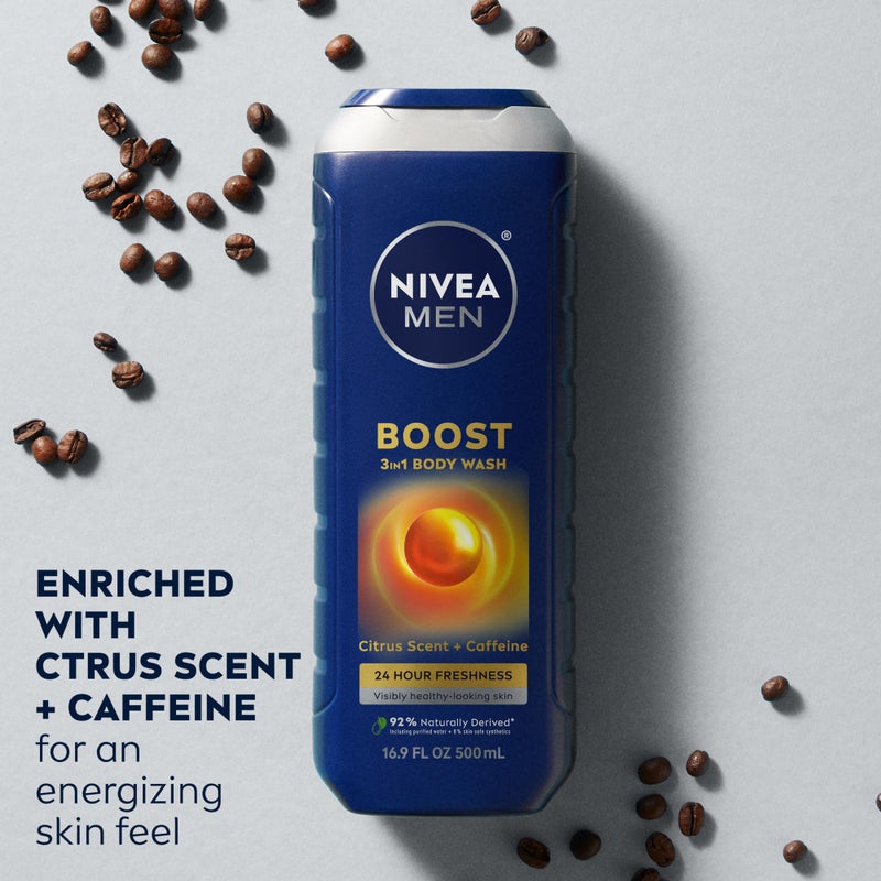 NIVEA MEN Boost Body Wash, Citrus Scent and Caffeine Enriched, 3-in-1 Men's Body Wash, Face and Hair, Paraben Free, Vegan Formula, 16.9 Fl Oz Bottle, Pack of 3 - Image 3