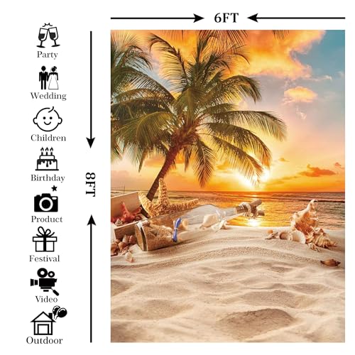 Msocio 6X8ft Polyester Summer Beach Seaside Sunset Backdrop Tropical Hawaiian Ocean Palm Tree Photography Background for Aloha Luau Party Decoration Supplies Banner Photo Booth Props - Image 2