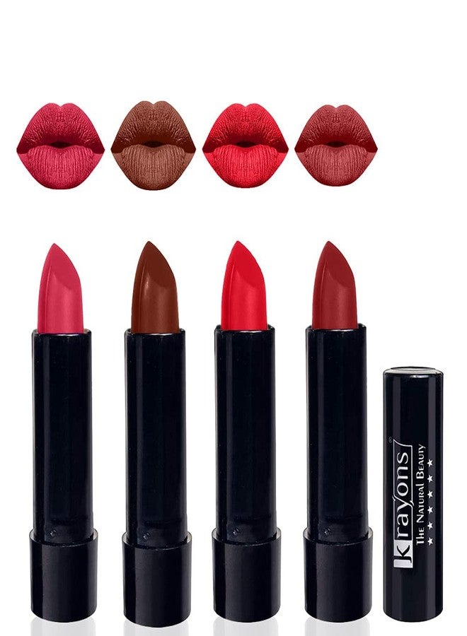Krayons Cute Pop Moisturizing Matte Lipstick, Waterproof, First Crush, Chocolate Mocha, Orange Crush, Signal Red, 3.5gm Each (Pack of 4) - Image 1