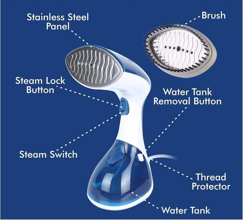 KLIKON Handheld Garment Steamer (Blue)- Steam Iron for Travel with 270ml Detachable Water Tank, Fast 25s Heat up, 1300W, Horizontal and Vertical Steaming, Brush Head Included KGS-311 - Image 2