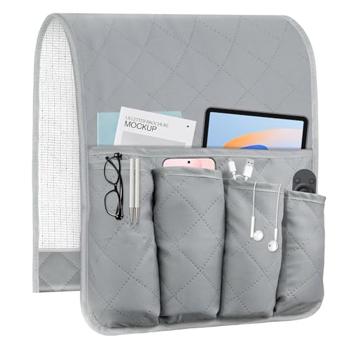 AUVCAS Sofa Armrest Organizer Non-Slip Arm Chair Bedside Storage Caddy Organizer Armchair Caddy for Recliner Couch Remote Holder with 5 Pockets for Cell Phone TV Remote Control Magazines(Grey) - Image 1