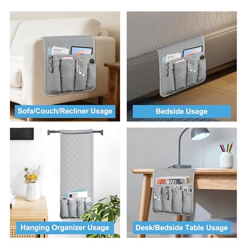 AUVCAS Sofa Armrest Organizer Non-Slip Arm Chair Bedside Storage Caddy Organizer Armchair Caddy for Recliner Couch Remote Holder with 5 Pockets for Cell Phone TV Remote Control Magazines(Grey) - Image 5