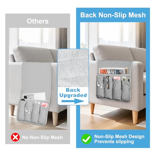 AUVCAS Sofa Armrest Organizer Non-Slip Arm Chair Bedside Storage Caddy Organizer Armchair Caddy for Recliner Couch Remote Holder with 5 Pockets for Cell Phone TV Remote Control Magazines(Grey) - Image 3