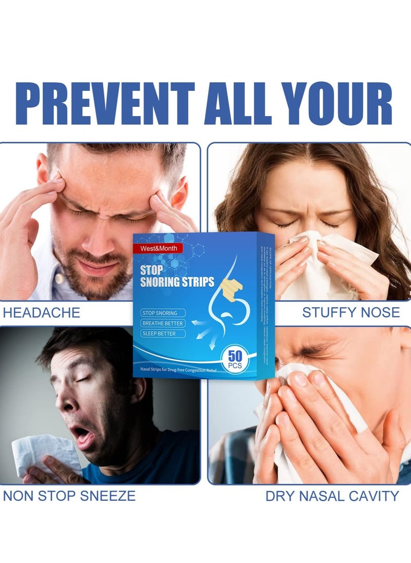 West&Month - Nasal Strips for Snoring, Anti Snoring Strips, 50 Pcs Nose Strips for Breathing, Relieve Nasal Congestion, Improved Airflow, and Comfortable Fit Snore Strips, Extra Strength Anti Snoring Solution - Image 1