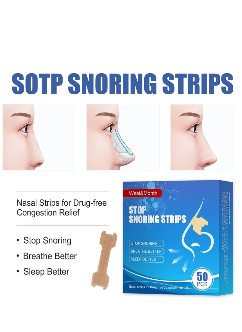 West&Month - Nasal Strips for Snoring, Anti Snoring Strips, 50 Pcs Nose Strips for Breathing, Relieve Nasal Congestion, Improved Airflow, and Comfortable Fit Snore Strips, Extra Strength Anti Snoring Solution - Image 1