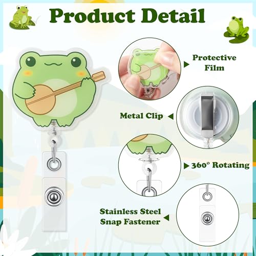 Eartim Watercolor Cute Frog Badge Reel - 16Pcs Cartoon Frog Acrylic Retractable ID Badge with Metal Clip Name Tags Holder for Nurse Pet Lover Office Staff Student Birthday Gifts Christmas Party Favors - Image 3