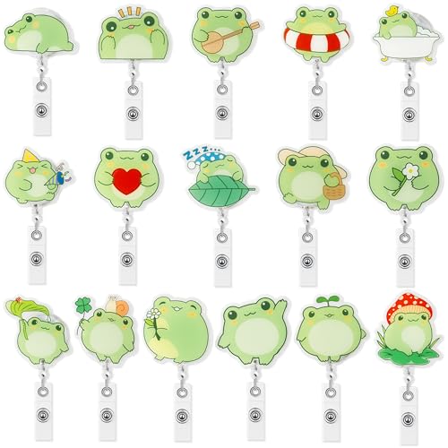 Eartim Watercolor Cute Frog Badge Reel - 16Pcs Cartoon Frog Acrylic Retractable ID Badge with Metal Clip Name Tags Holder for Nurse Pet Lover Office Staff Student Birthday Gifts Christmas Party Favors - Image 1