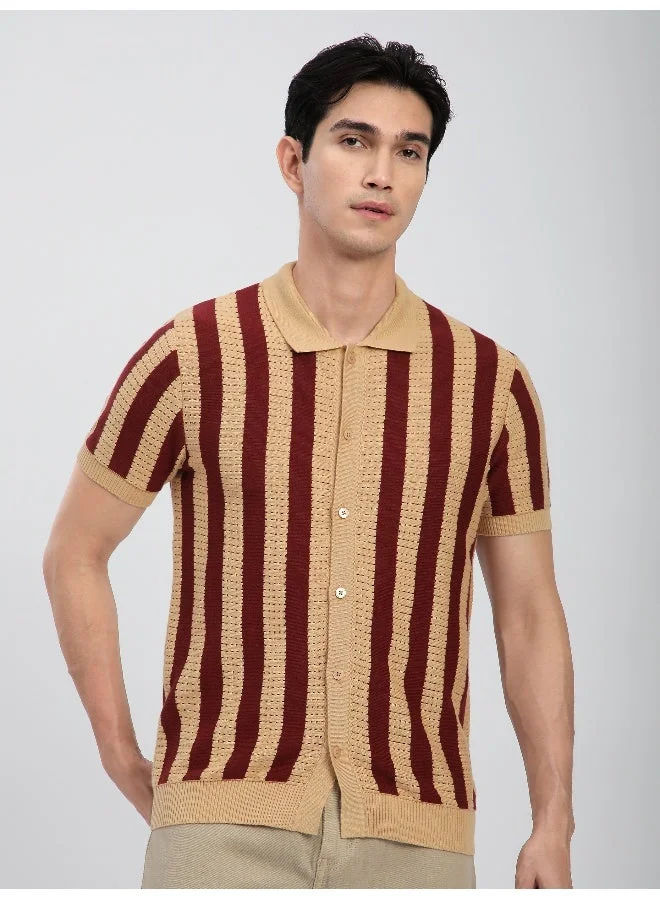 Beyoung Maroon Striped Flat Knit Shirt