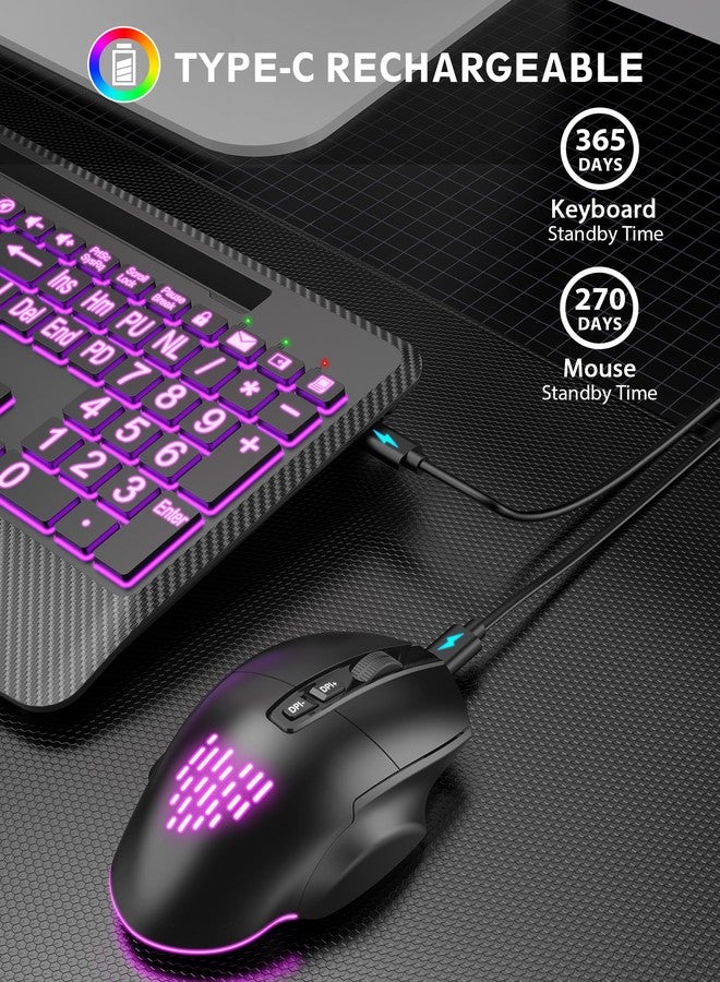 SABLUTE Wireless Keyboard and Mouse Backlits, Wrist Rest, Jiggler Mouse, Rechargeable Ergonomic Keyboard with Phone Holder, Silent Light Up Combo for Computer, Mac, PC, Laptop, Chromebook (Black Large Print) - Image 5