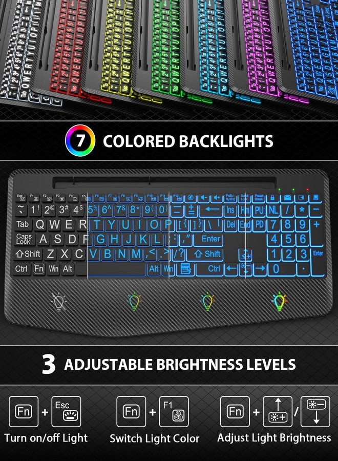 SABLUTE Wireless Keyboard and Mouse Backlits, Wrist Rest, Jiggler Mouse, Rechargeable Ergonomic Keyboard with Phone Holder, Silent Light Up Combo for Computer, Mac, PC, Laptop, Chromebook (Black Large Print) - Image 4