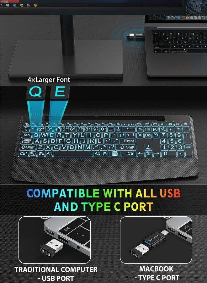 SABLUTE Wireless Keyboard and Mouse Backlits, Wrist Rest, Jiggler Mouse, Rechargeable Ergonomic Keyboard with Phone Holder, Silent Light Up Combo for Computer, Mac, PC, Laptop, Chromebook (Black Large Print) - Image 2