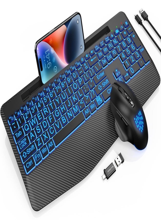 SABLUTE Wireless Keyboard and Mouse Backlits, Wrist Rest, Jiggler Mouse, Rechargeable Ergonomic Keyboard with Phone Holder, Silent Light Up Combo for Computer, Mac, PC, Laptop, Chromebook (Black Large Print) - Image 1