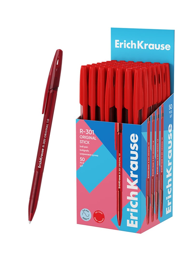 ErichKrause 50-Piece R-301 Original Stick Ballpoint Pens 1.0mm Tip Red Ink - Image 1