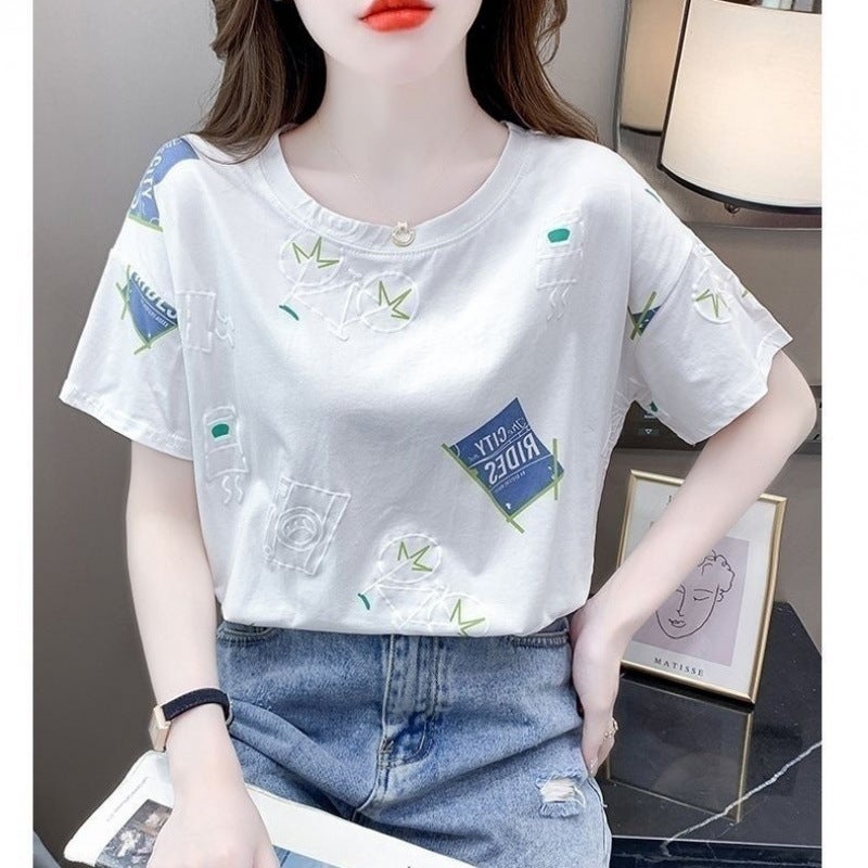 White T-Shirt Women'S Short Sleeve 2024 Korean Style Loose Round Neck Half Sleeve Printed Top Ins Trendy - Image 3