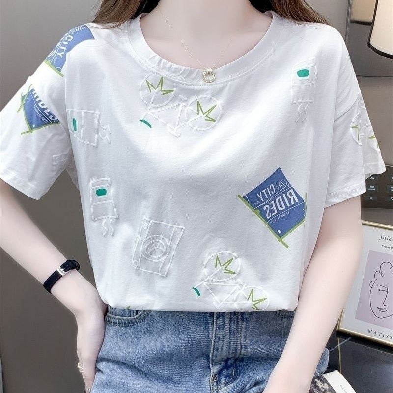 White T-Shirt Women'S Short Sleeve 2024 Korean Style Loose Round Neck Half Sleeve Printed Top Ins Trendy - Image 2