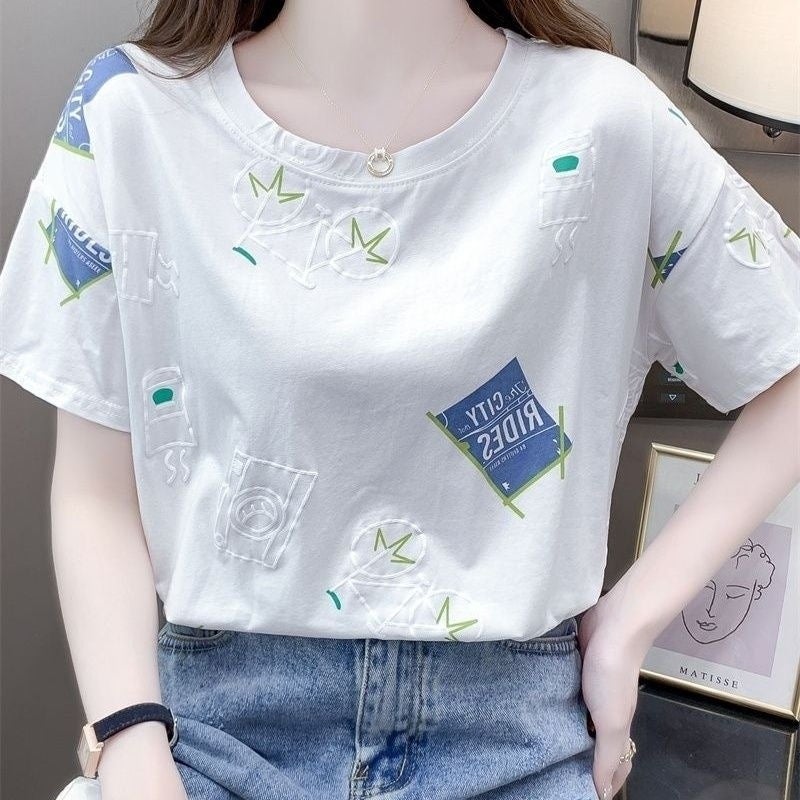 White T-Shirt Women'S Short Sleeve 2024 Korean Style Loose Round Neck Half Sleeve Printed Top Ins Trendy - Image 4