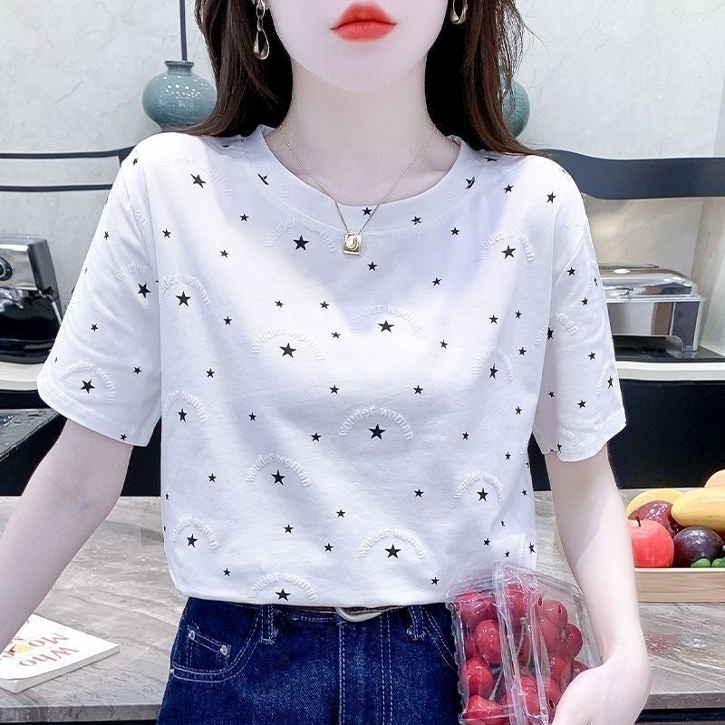 White T-Shirt Women'S Short Sleeve 2024 Korean Style Loose Round Neck Half Sleeve Printed Top Ins Trendy - Image 1