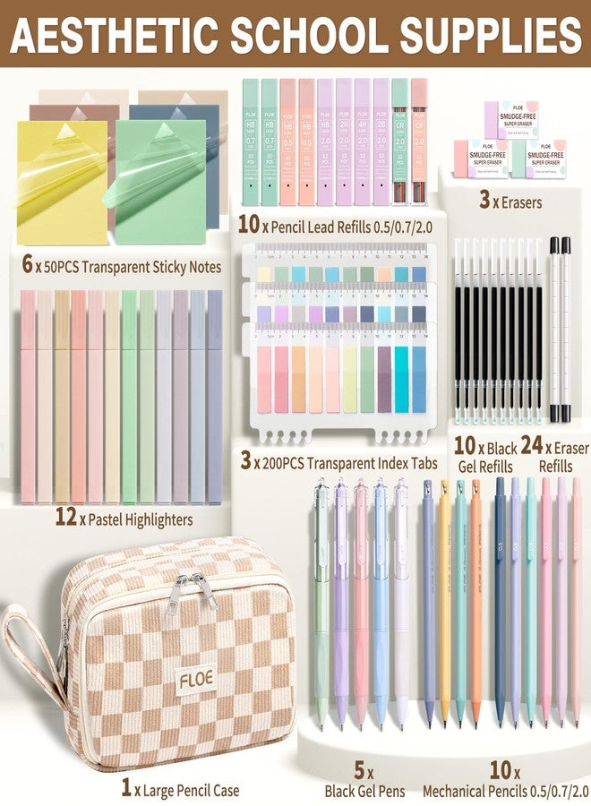 FLOE 62PCS Aesthetic School Supplies, Cute Back to School Supplies College Essentials Preppy Stationary Set with Large Pencil Pouch Case, Pastel Highlighters Gel Pens Mechanical Pencils for Student Girls - Image 2