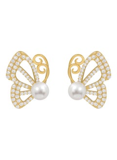 925 Sterling Silver Rhinestone Pearl Half Butterfly Stud Earrings