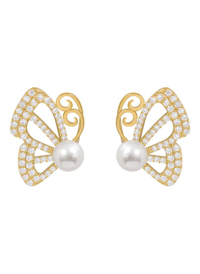 NIBEMINENT - 925 Sterling Silver Rhinestone Pearl Half Butterfly Stud Earrings - Image 1