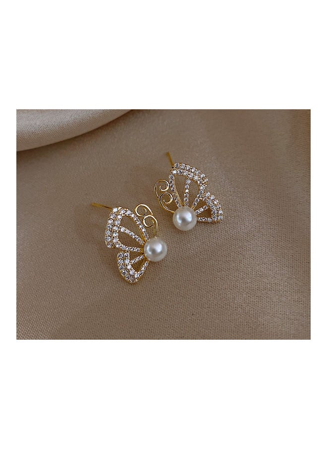 NIBEMINENT - 925 Sterling Silver Rhinestone Pearl Half Butterfly Stud Earrings - Image 1