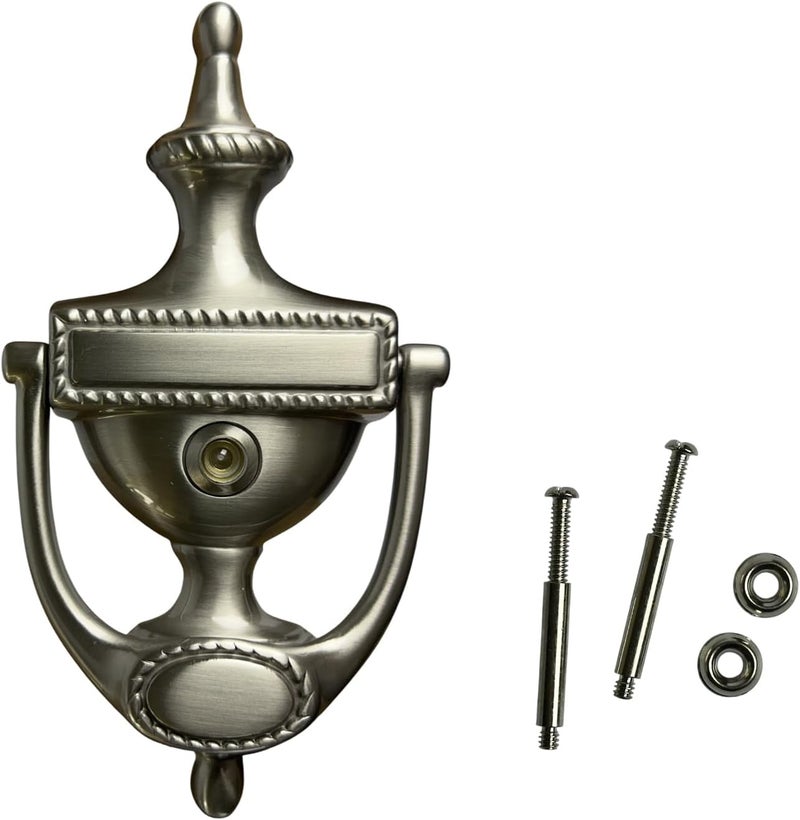 QCAA Solid Brass Door Knocker, Victorian Rope Type, 7-3/8", with 160 Degree Glass Len Door Viewer (UL Listed), Satin Nickel, 1 Pack, Made in Taiwan - Image 1