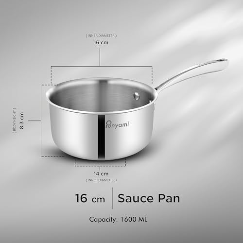 Punyami Triply Stainless Steel Sauce Pan (1.6L, 16cm) with Innovative Stay-Cool Handle, 2.5mm Thick Heavy Bottom Milk Pan & Tadka Pan, No Chemical Coating, Induction Friendly Cookware, 5 Year Warranty - Image 3