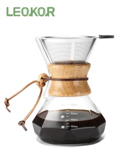 LEOKOR Pour Over Coffee Maker with Stainless Steel Filter, Borosilicate Glass Coffee Carafe with Modern Wooden Collar 600 ML  - Image 1
