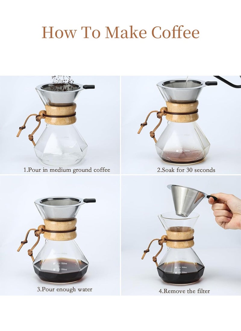 LEOKOR Pour Over Coffee Maker with Stainless Steel Filter, Borosilicate Glass Coffee Carafe with Modern Wooden Collar 600 ML  - Image 4