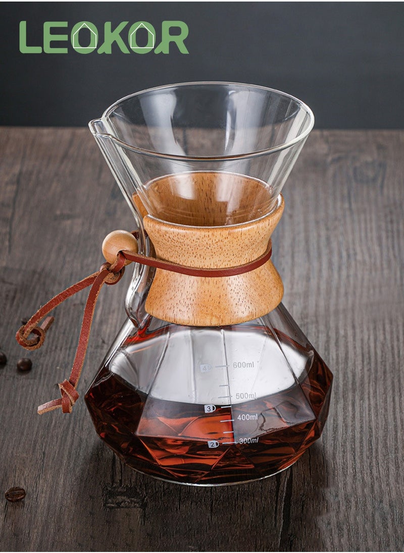 LEOKOR Pour Over Coffee Maker with Stainless Steel Filter, Borosilicate Glass Coffee Carafe with Modern Wooden Collar 600 ML  - Image 2