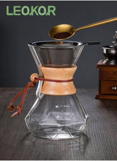 LEOKOR Pour Over Coffee Maker with Stainless Steel Filter, Borosilicate Glass Coffee Carafe with Modern Wooden Collar 600 ML  - Image 3