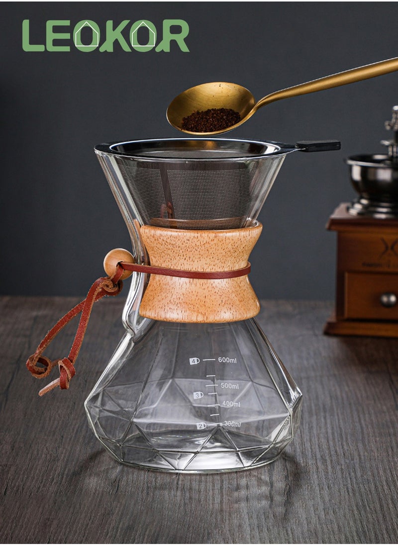 LEOKOR Pour Over Coffee Maker with Stainless Steel Filter, Borosilicate Glass Coffee Carafe with Modern Wooden Collar 600 ML  - Image 3