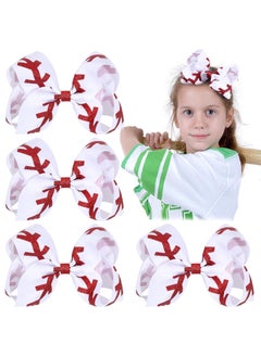 CN Hair Clip  4 Pcs Softball Glitter  Grosgrain Ribbon Hair Bow Clips White and Red Baseball Cheer Hair Clips for Girls Teens Toddlers