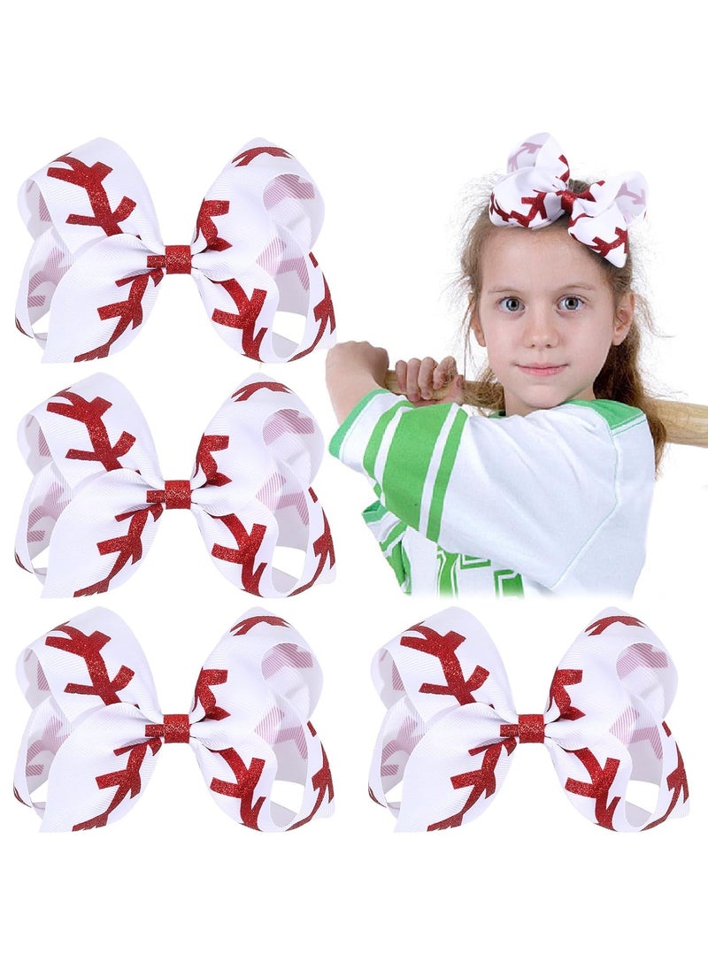 CN - CN Hair Clip  4 Pcs Softball Glitter  Grosgrain Ribbon Hair Bow Clips White and Red Baseball Cheer Hair Clips for Girls Teens Toddlers - Image 1