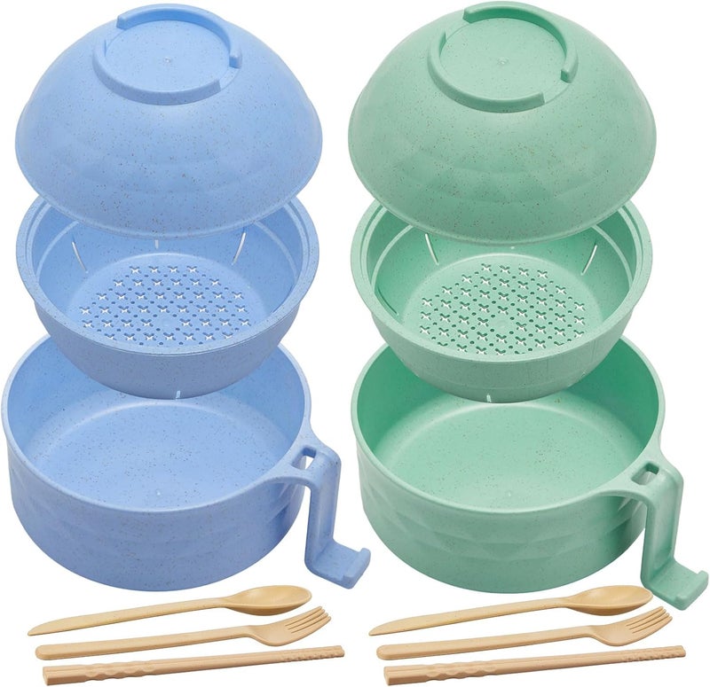 Romooa 2 Sets Microwave Ramen Bowl 33 oz Wheat Fiber Portable Instant Noodle Cooker Bowl with Handles Strainer Spoon Chopstick Fork College Dorm Room Apartment EssentialsGreenBlue - Image 1