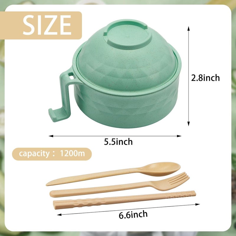 Romooa 2 Sets Microwave Ramen Bowl 33 oz Wheat Fiber Portable Instant Noodle Cooker Bowl with Handles Strainer Spoon Chopstick Fork College Dorm Room Apartment EssentialsGreenBlue - Image 2