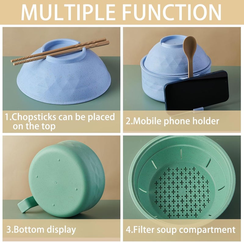 Romooa 2 Sets Microwave Ramen Bowl 33 oz Wheat Fiber Portable Instant Noodle Cooker Bowl with Handles Strainer Spoon Chopstick Fork College Dorm Room Apartment EssentialsGreenBlue - Image 3